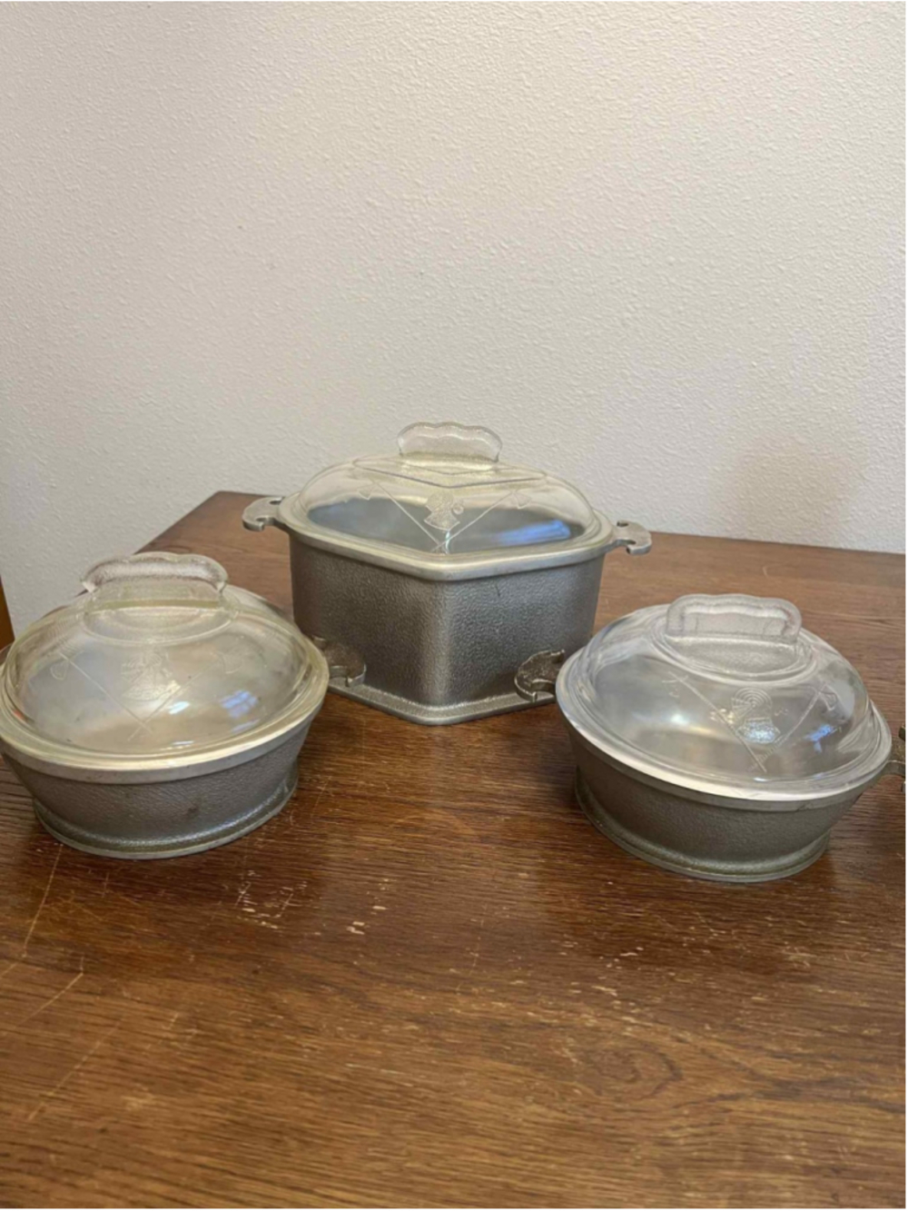 Guardian Service 3 Pc Casserole Lot Etched Glass Lids Round Triangular Hammered